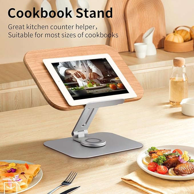 Book Stand for Reading, Mayhas Adjustable Book Holder with 360° Swivel Base&Page Clips, Foldable Desktop Stand for Cookbook, Fits All Books (Cherry Wood, Aluminum Base)
