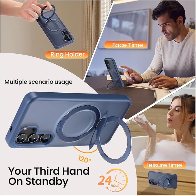 Magnetic for Samsung Galaxy S24 Case,with Built-in Kickstand,[Compatible with Magsafe][Military Grade Shockproof][DropProof][Slim&Tough] Translucent Matte Feeling Case, Blue