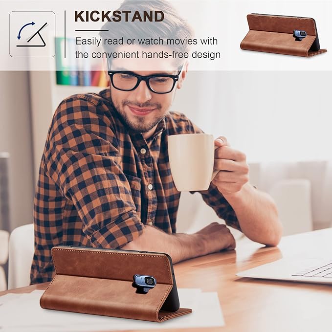 Jasonyu Flip Wallet Case for Samsung Galaxy S9,Leather Magnetic Folio Cover with Card Holder,Kickstand - TPU Shockproof Durable Protective Phone Case,Brown