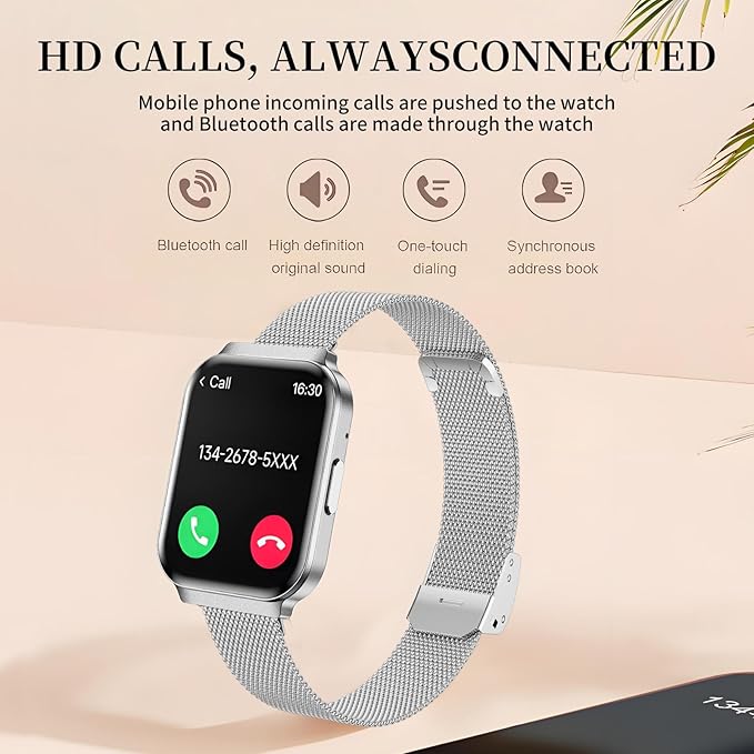 Welfit Women's Smart Watch, 1.75-inch Blood Pressure, Call/Message, Female Cycle Tracking, Heart Rate and Sleep Monitor, IP68 Waterproof for Android and iOS (Silver 2 Straps)