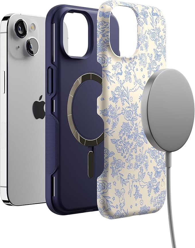 Casely iPhone 14 Case | Cupid's Canvas | Periwinkle Floral | Compatible with MagSafe | Bold Protective Design