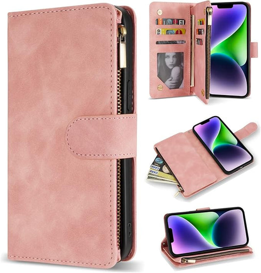 ZZXX for iPhone 14 Plus Case Wallet with [RFID Blocking] Card Slot Premium Soft PU Leather Zipper Flip Folio with Wrist Strap Kickstand Protective Cover for iPhone 14 Plus Wallet Case(Pink-6.7 inch)