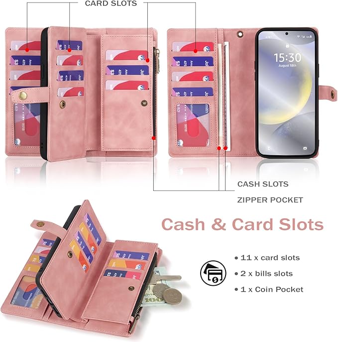 TwoHead for Samsung Galaxy S24 Wallet Case with Card Holder, Detachable Magnetic Phone Case for S24,PU Leather All-Round Protective Phone Case Wallet with Wrist Strap,Pink
