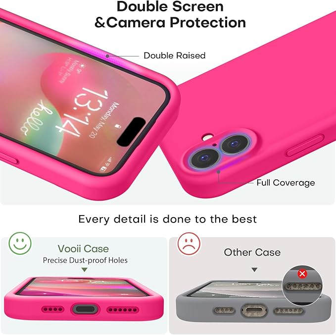 Vooii Compatible with iPhone 16 Plus Case, Liquid Silicone Upgrade [Camera Protection] [Soft Anti-Scratch Microfiber Lining] Shockproof Phone Case for iPhone 16 Plus 6.7 inch - Hot Pink