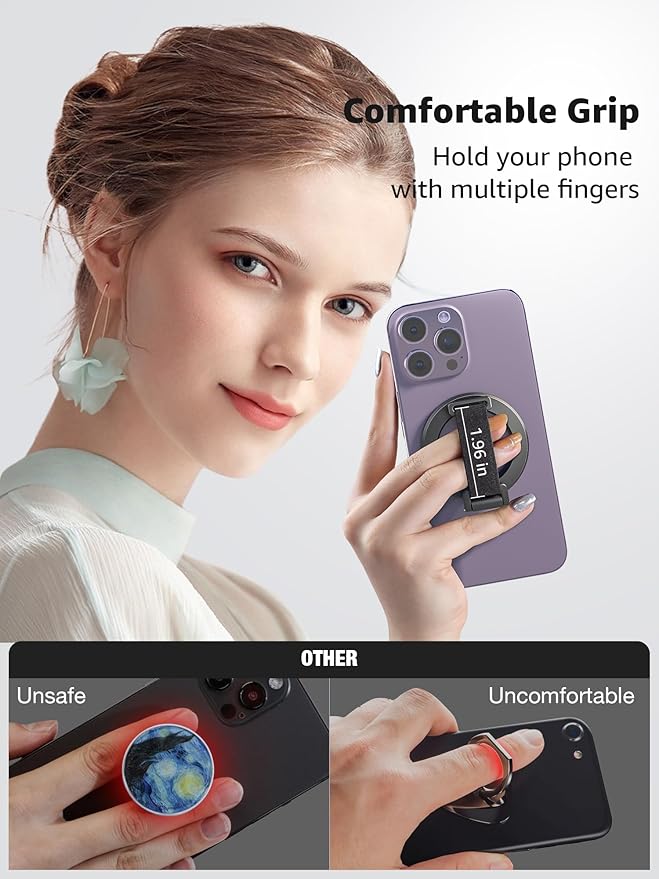 SUPERONE for MagSafe Phone Grip with Finger Strap, Removable Magnetic Ring Holder with Kickstand Finger Loop, MagSafe Accessories for iPhone 17/16/15/14/13/12 Series, Black