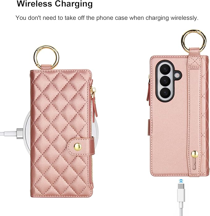 KIHUWEY for Galaxy Z Fold 7 Wallet Case with Card Holder Premium Leather Magnetic RFID Blocking Shockproof Zipper Wrist Strap Lanyard Cover for Samsung Galaxy Z Fold 7 8.0 Inch (Rose Gold)