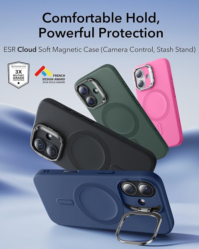ESR Silicone Case for iPhone 17, Built-in Camera Stash Stand Compatible with MagSafe, Military-Grade Drop Protection Magnetic Phone Case for iPhone 17, Cloud Series, Navy Blue