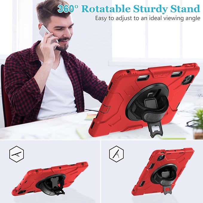 Case for iPad Pro 11 Inch 2022/2021/ 2020/2018: Silicone Cover for iPad 11 Inch 4th/ 3rd/ 2nd/ 1st/ Generation with Screen Protector- Stand- Handle- Shoulder Strap- Pencil Holder- Red