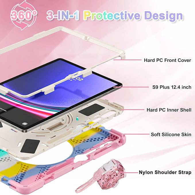 BRAECNstock Kids Case for Samsung Galaxy Tab S10+ Plus/ S9 FE+ Plus/ S9+ Plus/ S8+ Plus/ S7 FE/ S7+ Plus 5G 12.4" Shockproof Protective Cover with Pen Holder Rotating Stand&Hand Strap - Colorful Pink