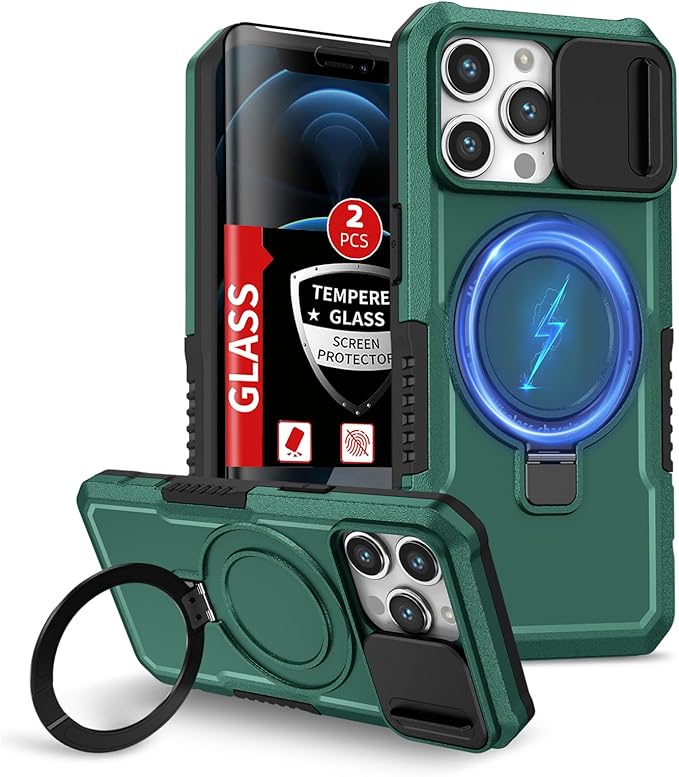 for iPhone 12 Pro Max Case Magnetic Compatible with MagSafe Wireless Charging,Built-in Kickstand,with Camera Cover,with 2 Screen Protectors,Anti-Scratch Shockproof Heavy Duty Protection Green