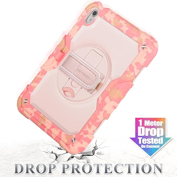 SEYMAC stock Case for iPad (A16) 11th/10th Generation 11''/10.9'' 2025/2022, Full-Body Drop Protection Case with Screen Protector &360° Rotate Hand Strap/Stand, Camo Pink