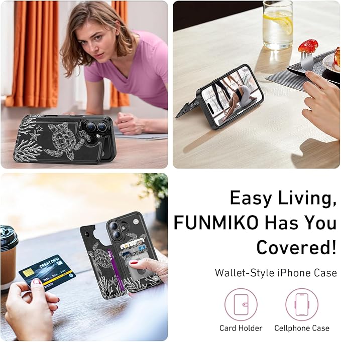FUNMIKO for iPhone 16 Wallet Case with Card Holder, RFID-Blocking, Military-Grade Protection & UV-Printed Artwork, Magnetic Closure with Leather Kickstand - Swimming Sea Turtle