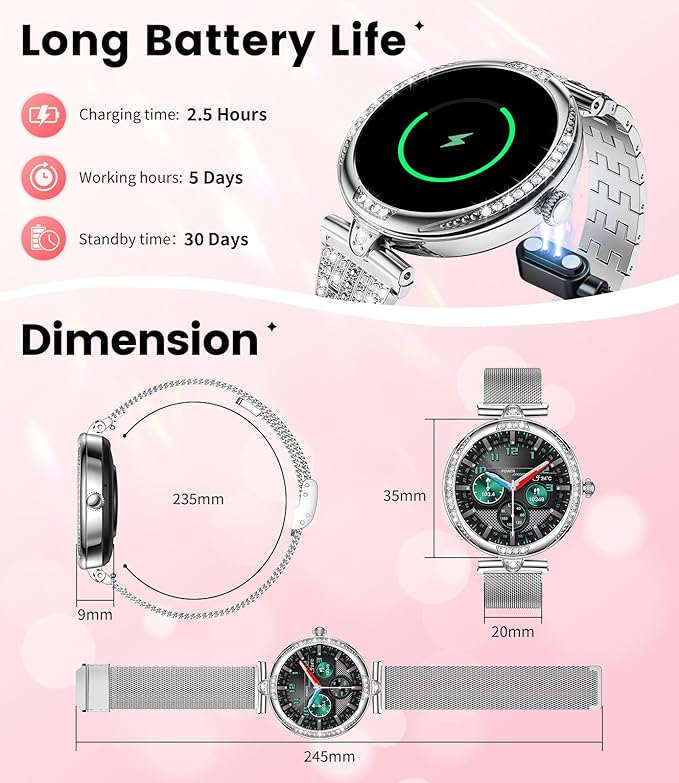 LIGE Smart Watches for Women (Answer/Make Call) with Diamonds，1.19” AMOLED Smartwatch,IP68 Waterproof Fitness Tracker 120 Sport Modes Pedometer for Android iOS,Sliver