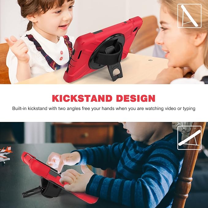 TSQQST for Lenovo Tab M8 Tablet Case 4th Gen 2024 203 Model TB301XU/TB-300FU for Kids | Silicone Rugged Protective Case with Rotating Stand Hand Strap Shoulder Strap for Lenovo Tab M8 Tablet | Red
