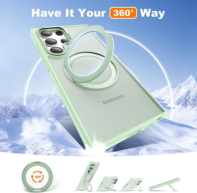 Compatible with Samsung Galaxy S22 & S23 Ultra Case with 360Rotatable Magnetic Ring Stand Compatible with Mag-Safe Military Protection Shockproof Translucent Phone Case,Green