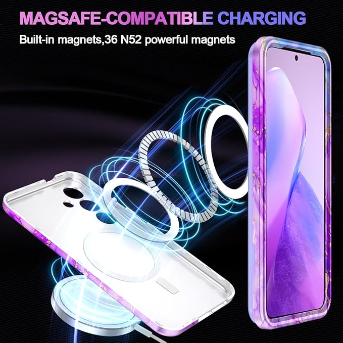 Casetego for Galaxy S25 Case,Compatible with MagSafe,[Military Grade Drop Test] Full Body Protection Slim Shockproof Rugged Marble Women Case for Samsung Galaxy S25 6.2 inch,Bright Purple