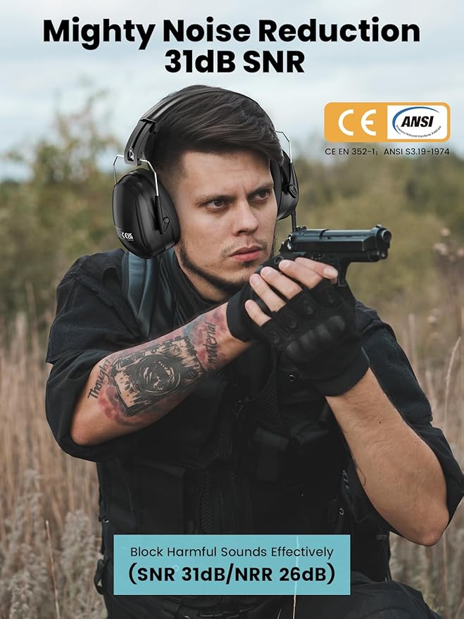 Dr.meter Hearing Protection Ear Muffs, 31dB Noise Reduction Safety Earmuffs with Adjustable Headband for Adults Kids Autism Sensory, Ear Muff for Yard Work, Mowing or Hunting -Pure Black 2PACK