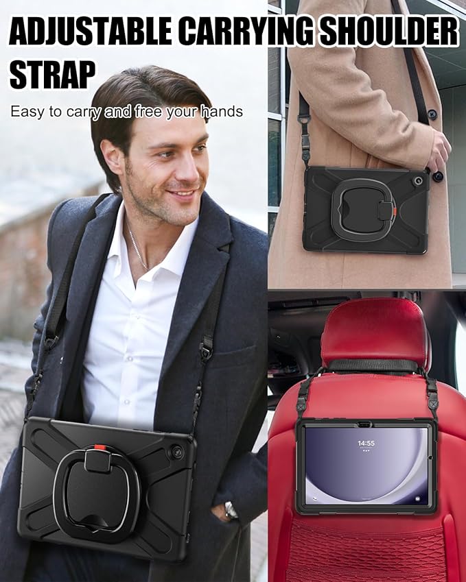 BRAECN Case for Samsung Galaxy Tab A9+ Plus 11 Inch 2023 SM-X210/X216/X218, Heavy Duty Drop-Proof Case with Screen Protector, Shoulder Strap, Stable Kickstand for Galaxy Tab A9+/A9 Plus 11'', Black