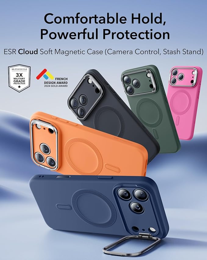 ESR Silicone Case for iPhone 17 Pro, Built-in Camera Stash Stand Compatible with MagSafe, Military-Grade Drop Protection Magnetic Phone Case for iPhone 17 Pro, Cloud Series, Navy Blue