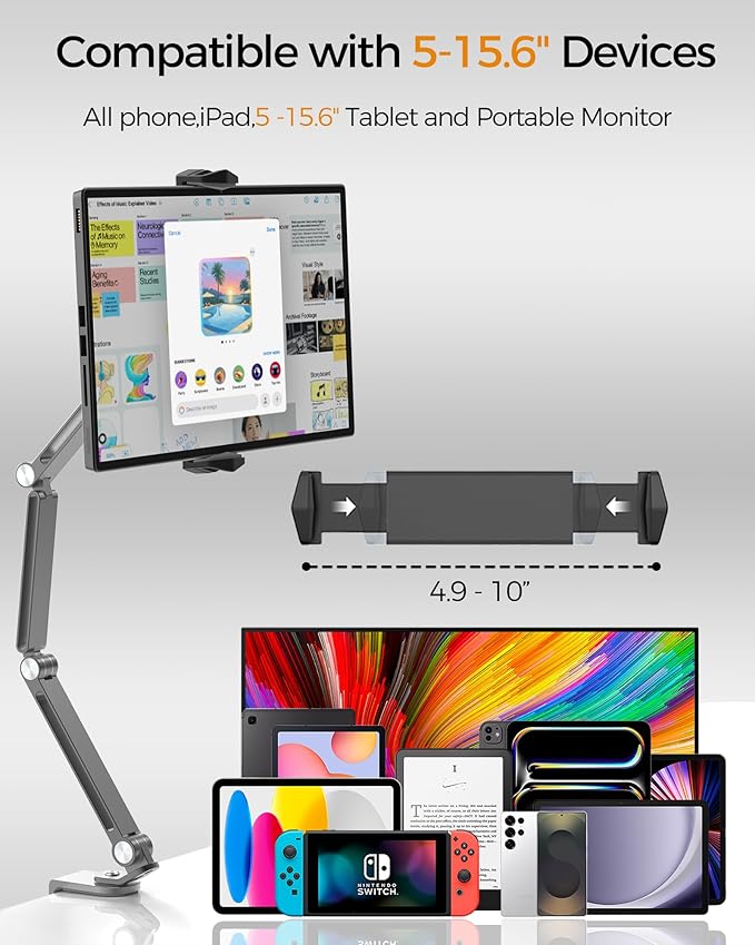 Aluminum Alloy Tablet Stand for Desk, 360° Adjustable iPad Arm Mount Foldable Phone Holder Compatible with iPad Pro Air 13/12.9/11 Mini, Portable Monitor 15.6, Samsung Galaxy, Kindle- Grey