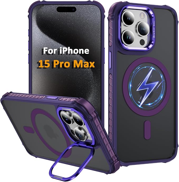Magnetic for iPhone 15 Pro Max Case Purple with MagSafe Wireless Charging Heavy Duty Military-Grade Shockproof Protection Adjustable Kickstand Slim Matte Anti-Fingerprint Cover Men Women