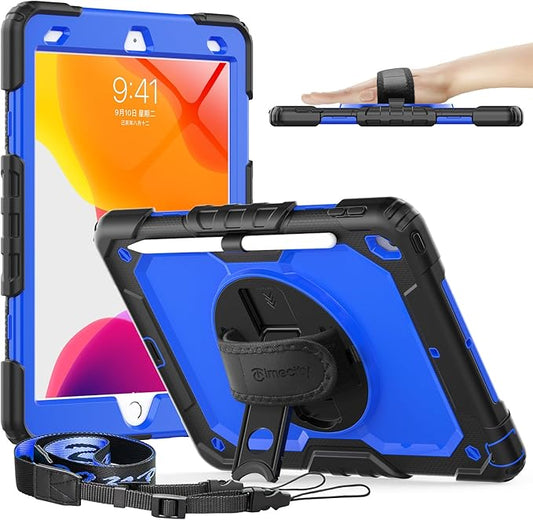 Timecity Case for iPad 9th/ 8th/ 7th Generation 10.2 inch - Heavy Duty Protective Cover with Screen Protector, Rotating Stand, Shoulder Strap & Pencil Holder | Kids-Friendly (Dark Blue)