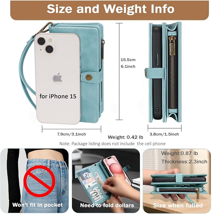 TwoHead Wallet Case Compatible with iPhone 15,Detachable Magnetic Phone Case,All-Round Protective Leather Phone Case with Card Holder,6.1 in,Blue