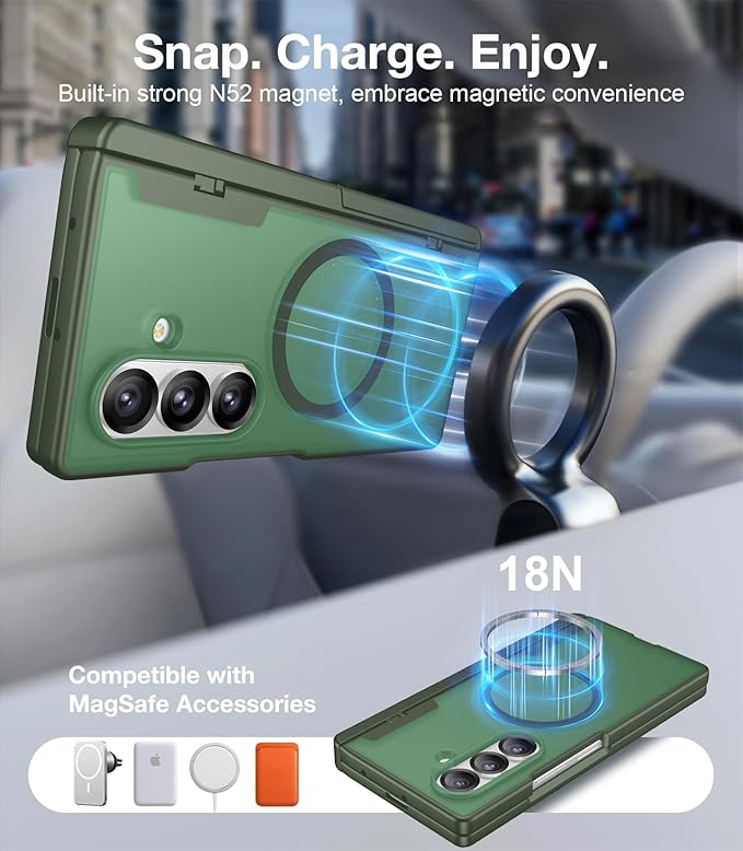 Temdan Magnetic for Samsung Galaxy Z Fold 7 Case,[Compatible with MagSafe][Built-in HD Screen Protector&Invisible Kickstand][Hinge Protection]Translucent Matte Shockproof Phone Case for Z Fold 7,Green