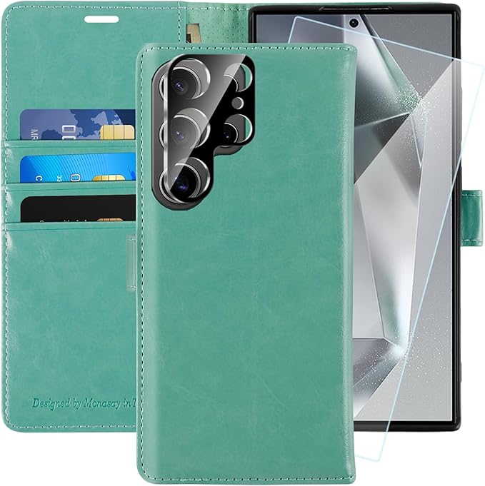 MONASAY Wallet Case Fit for Samsung Galaxy S24 Ultra 5G，[Lens & Glass Screen Protector] [RFID Blocking] Flip Folio Leather Cell Phone Cover with Credit Card Holder, 6.8 inch, Mint