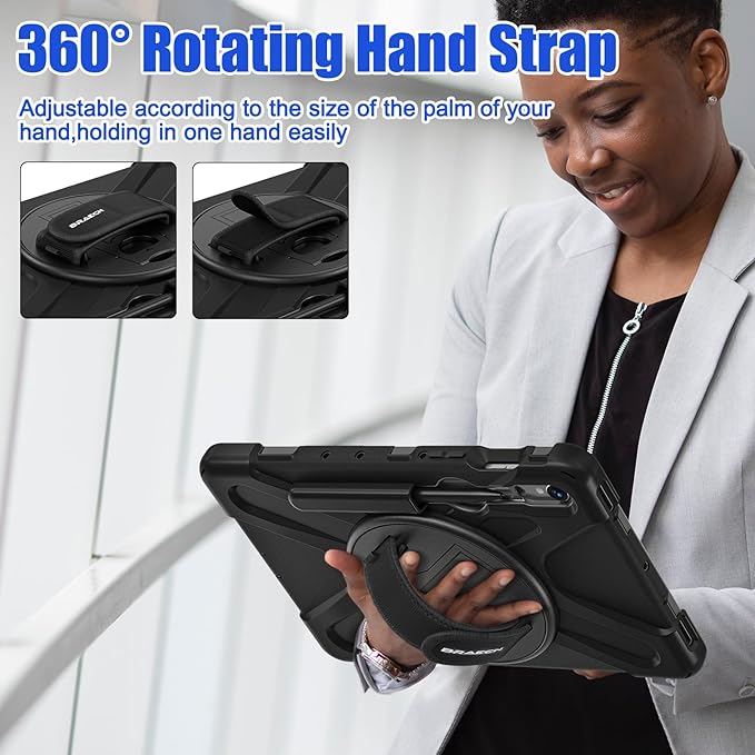 BRAECNstock for Samsung Galaxy Tab S10 Lite/ S10 FE/ S9 FE/ S9/ S8/ S7 5G Case 10.9"/11", Shockproof Protective Case with Pencil Holder, 360° Rotating Hand Strap & Stand, Shoulder Strap, Black