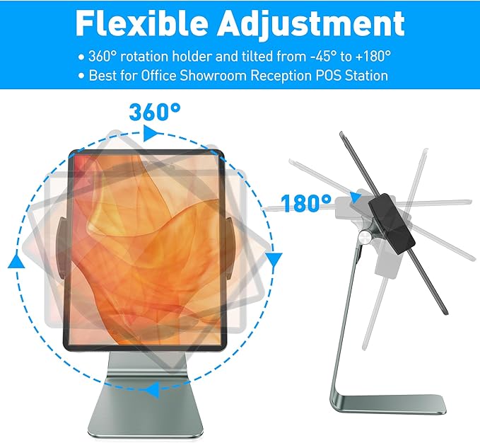 AboveTEK Elegant Tablet Stand, Aluminum Holder for 7-13 inch Tablets, Desktop Kiosk POS Stand Compatible w/iPad Pro Air Mini, Galaxy Tab, Tablet Mount for Store Office Reception Kitchen (Gray)