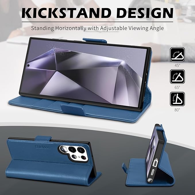 SHIELDON Case for Galaxy S25 Ultra 6.9" 5G, Genuine Leather Wallet Magnetic Case, RFID Blocking Card Holder Kickstand Shock Absorbing Cover Compatible with Galaxy S25 Ultra 2025 - Nappa Royal Blue