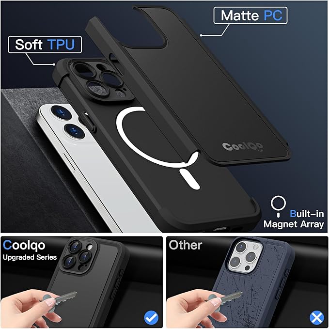 COOLQO Magnetic for iPhone 13 Pro Case, Compatible with MagSafe, Dual Layer Design Military Grade Protection, Translucent Matte Scratch-Resistant Back Protective Shockproof Phone Case, Black