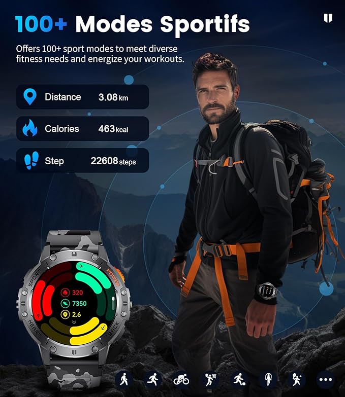 LIGE 1.43" AMOLED Smart Watch for Men with Flashlight, Bluetooth Calling, 100+ Sport Modes, 530mAh, IP68 Waterproof Fitness Tracker for Workout, iOS Android Compatible, Black Steel Camouflage Silicone