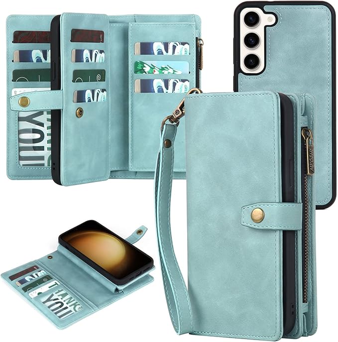 TwoHead for Samsung Galaxy S23 Wallet Case with Card Holder & Detachable Magnetic Phone Case for S23 6.1 inch,PU Leather Shockproof Protective Phone Case Wallet with Wrist Strap(Dream Blue)