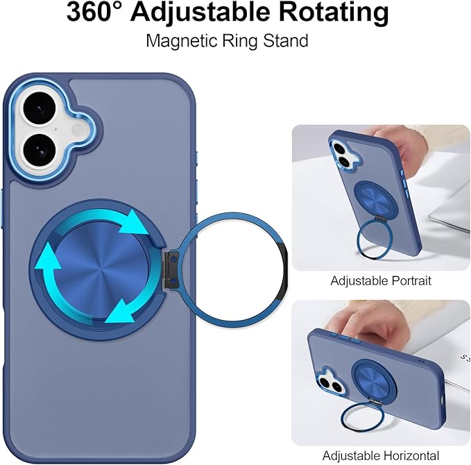 ZIYE Blue Case for iPhone 16 Case with Stand [Compatible with MagSafe] Slim Heavy Duty Protection Military Grade Shockproof Magnetic Cover with 360 Rotatable Ring Kickstand for Women Men