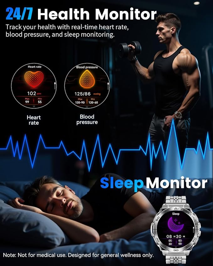 Military Smart Watch with LED Flashlight for Men, 1.6" AMOLED Bluetooth Call Watch, IP68 Waterproof Fitness Tracker with Heart Rate, SpO2, Sleep Monitor, Compatible with Android/iOS