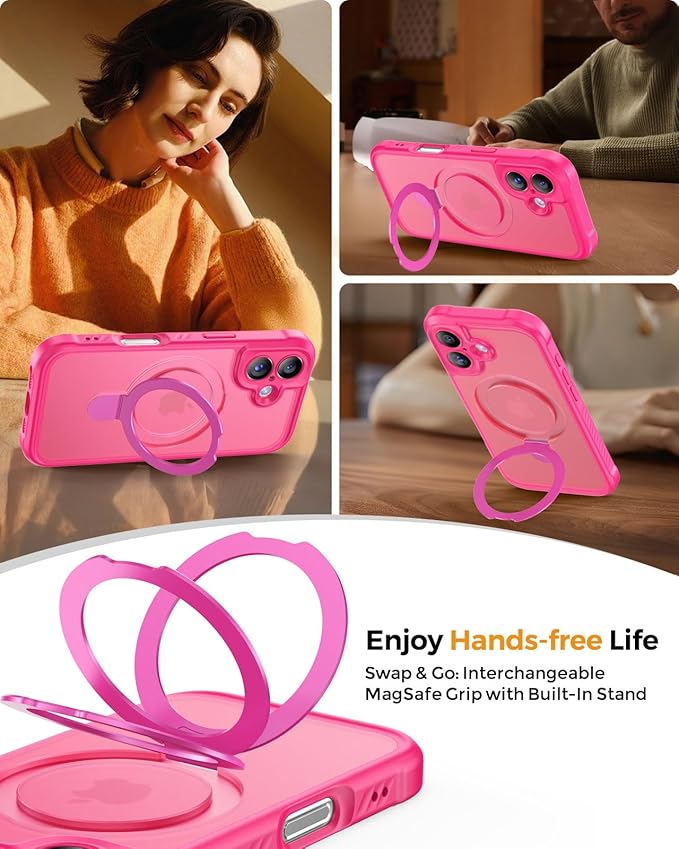 MOCCA Compatible with iPhone 17 Case with Magnetic Invisible Stand [Full Camera Protection] [Compatible with Magsafe] Military Drop Shockproof Translucent Matte Phone Case Cover 6.3",Hot Pink