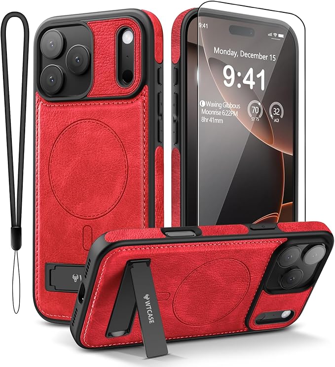Magnetic for iPhone 17 Pro Leather Case,Built-in Invisible Stand [Compatible with Magsafe] Protective Slim Kickstand Phone Cover for iPhone 17 Pro Case, Red