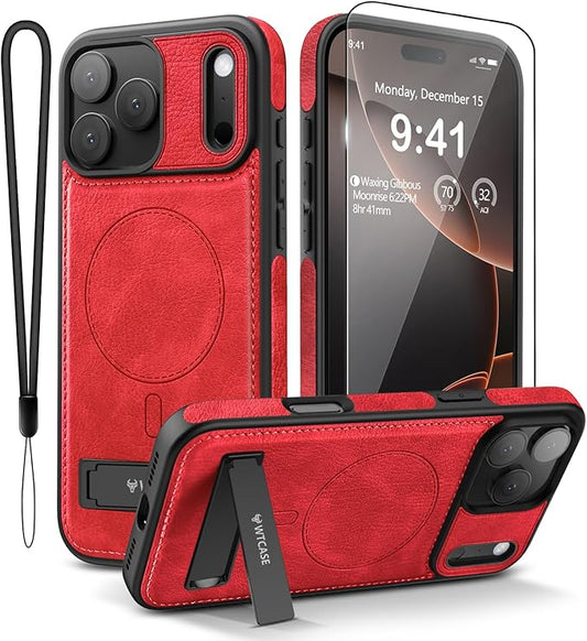 Magnetic for iPhone 17 Pro Max Leather Case,Built-in Invisible Stand [Compatible with Magsafe] Protective Slim Kickstand Phone Cover for iPhone 17 Pro Max,Red