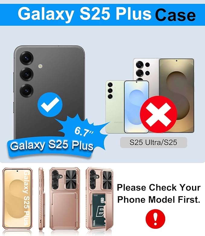 for Samsung Galaxy S25+ Plus Phone Case Wallet, Card Holder (4-5 Cards), RFID Block, Slide Camera Cover, Military Drop, Rugged Heavy Duty Men Women Cases for Samsung Galaxy S25+ Plus, Rose Gold
