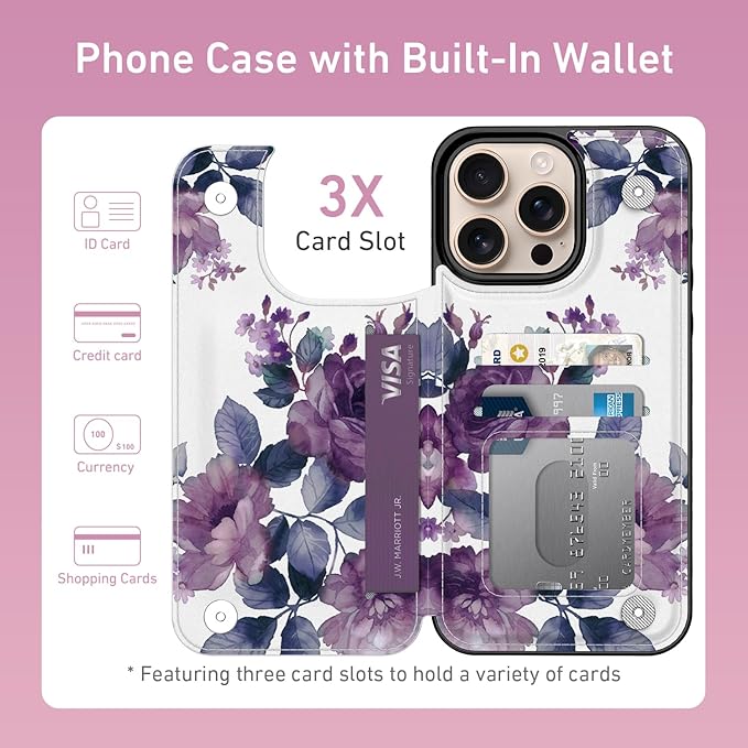FUNMIKO for iPhone 16 Pro Wallet Case with Card Holder, RFID-Blocking, Military-Grade Protection & UV-Printed Artwork, Magnetic Closure with Leather Kickstand - Elegant Purple Floral