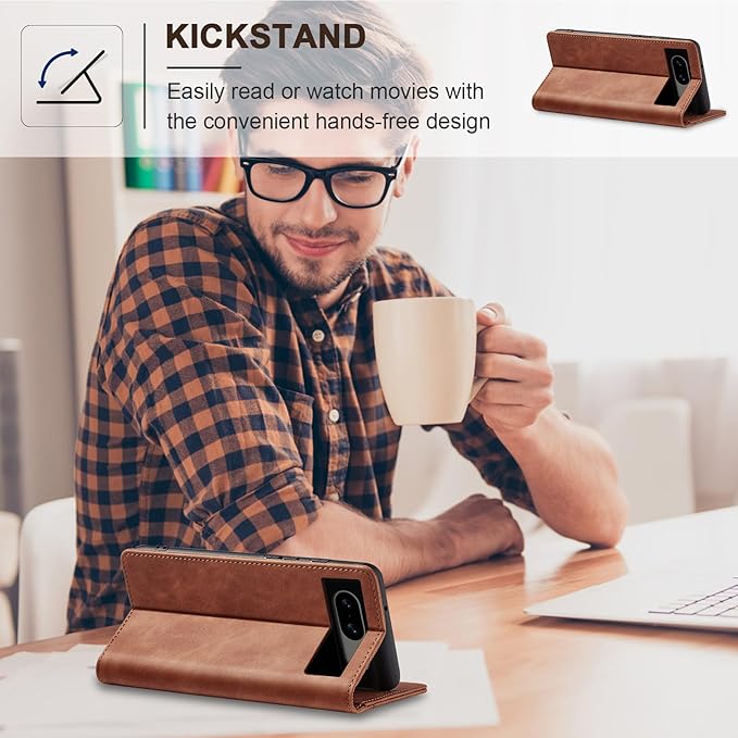 Jasonyu Flip Wallet Case for Google Pixel 8,Leather Magnetic Folio Cover with Card Holder,Kickstand - TPU Shockproof Durable Protective Phone Case,Brown