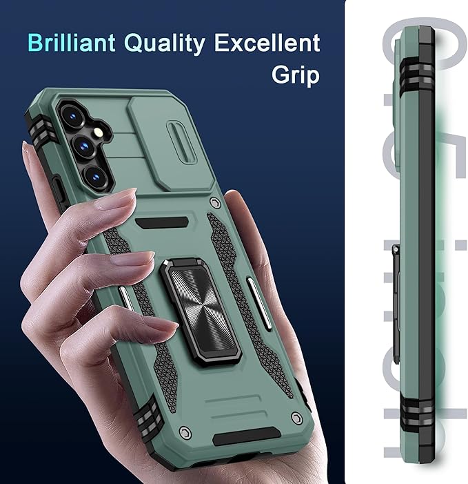 DEERLAMN Case for Samsung Galaxy S23 FE 6.4-Inch with Slide Camera Cover+Screen Protector(1 Pack),Rotated Ring Kickstand Military Grade Shockproof Protective Cover-Green