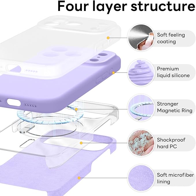 Vooii Magnetic Compatible with iPhone 17 Pro Case (Compatible with Magsafe) (Upgraded Camera Protection) Liquid Silicone Shockproof Full Body Protective Phone Cover for Women Men, Light Purple, 6.3”