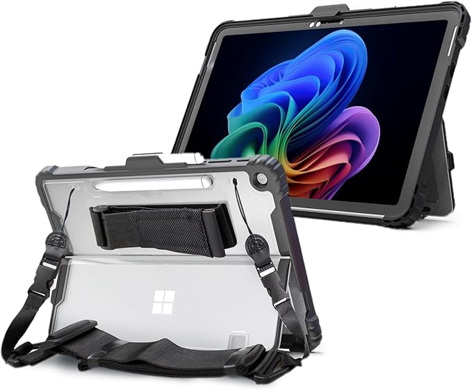 Omnpak Rugged Case for Microsoft Surface Pro 12" 2-in-1 Laptop/Tablet (2025), Heavy Duty Protective Cover with Multi-Angle Kickstand, Pen Holder, Hand Strap & Shoulder Strap, Black