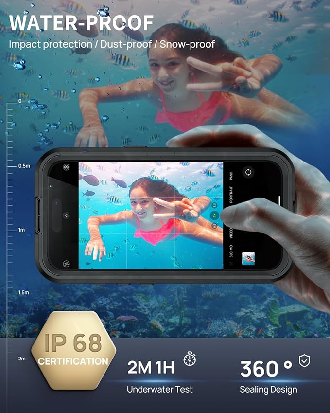 Lanhiem Magnetic for iPhone 16 Case, IP68 Waterproof Dustproof Case, [Compatible with Magsafe] [Built-in Screen Protector] Full Body Heavy Duty Rugged Phone Cover 6.1 inch, Black/Clear