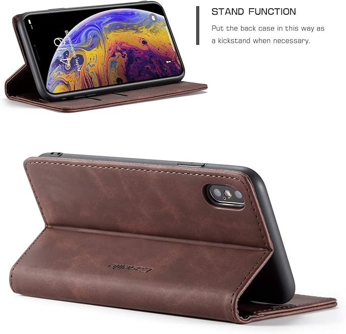 for iPhone Xs Max 6.5-Inch Case, Flip Wallet Leather Case with Card Holder Magnetic Closure Shockproof Kickstand Protective Phone Cases Cover for iPhone Xs Max, Coffee