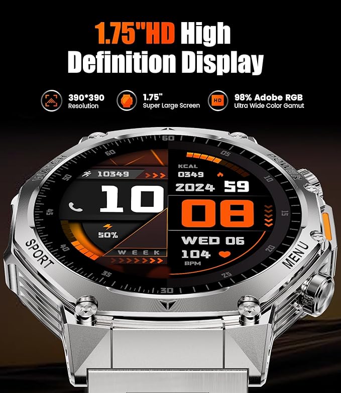 Smart Watch for Men,800mAh Large Battery/1.75" HD Smart Watches with LED Flashlight for Android/iOS (Bluetooth Call Answer/Calls) Fitness Tracker with Heart Rate/Sleep Tracking