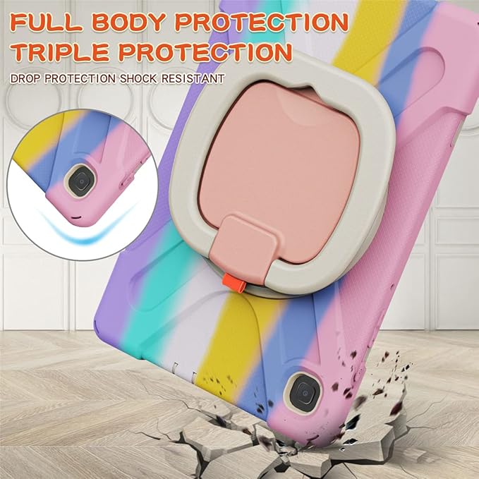 360 Rotation Case for Samsung Galaxy Tab S6 Lite 10.4" Sturdy Cover Rotate Ring Stand Shoulder Carrying Strap Hand Strap Rugged Children Adults Outdoor Case (Colourful Pink)